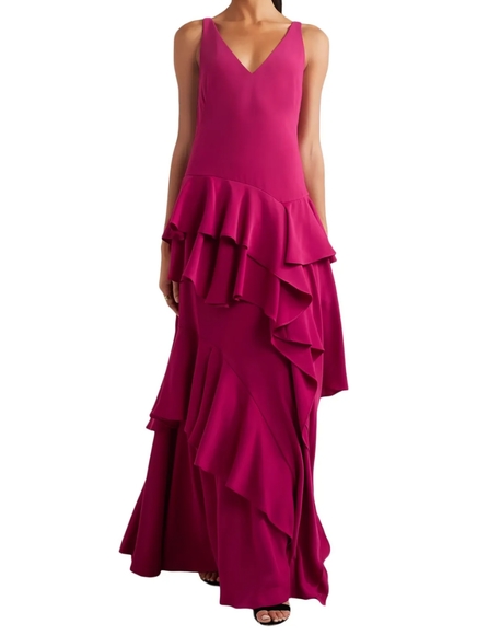 NWT Halston Heritage dress long evening gown maxi v-neck ruffle flounce 6 - Picture 3 of 8